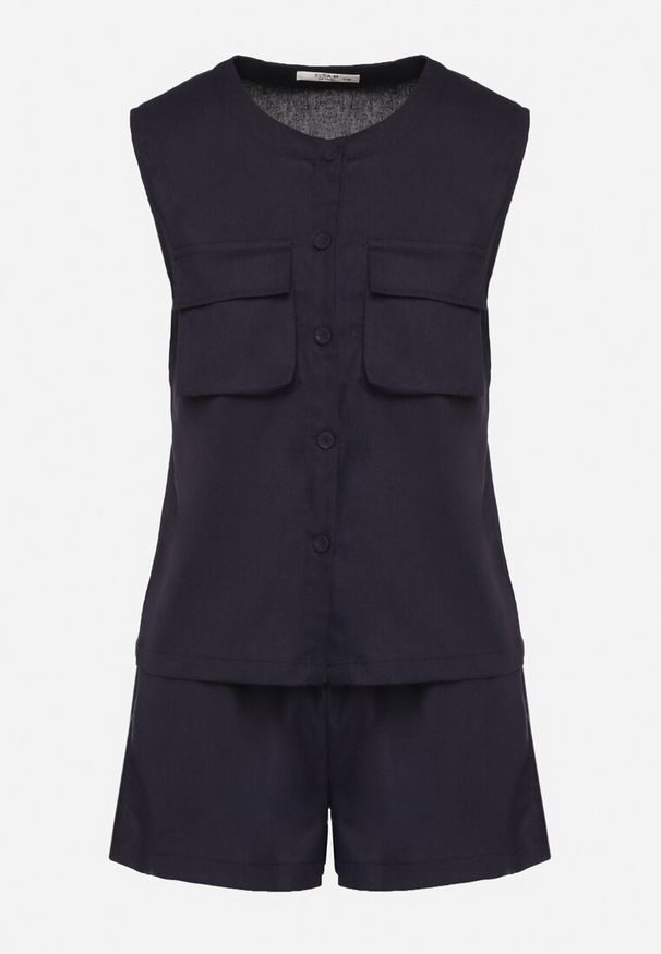 Born2be - Granatowy Komplet z Wiskozy Szorty i Bluzka na Guziki z Kieszeniami Alaniella. Kolor: niebieski. Materiał: wiskoza