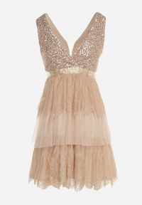 Born2be - Beżowa Rozkloszowana Sukienka Mini z Tiulowym Dołem i Cekinami Uriella. Kolor: beżowy. Materiał: tiul. Wzór: koronka. Długość: mini #2
