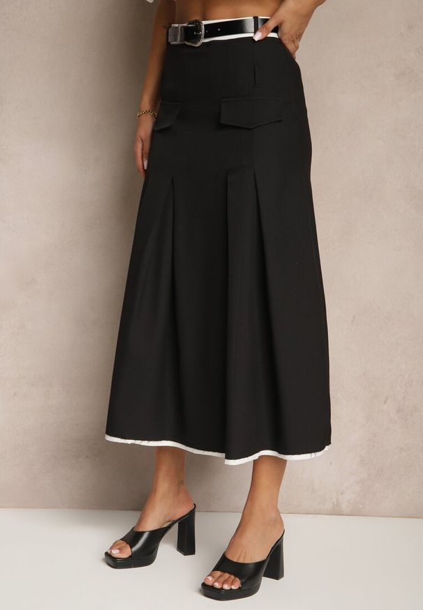 Renee - Czarna Spódnica High Waist z Plisami Wykończona Imitacją Kieszeni i Paskiem Evilenes. Okazja: na spotkanie biznesowe, do pracy. Stan: podwyższony. Kolor: czarny. Styl: biznesowy, elegancki