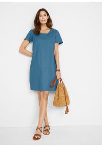 Sukienka lniana z plisą guzikową z tyłu, krótki rękaw bonprix niebieski dżins. Kolor: niebieski. Materiał: len. Długość rękawa: krótki rękaw #2