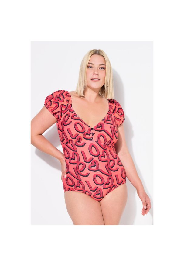 ULLA POPKEN - Damski Strój kąpielowy wzór z motywem Love miękkie miseczki bufiaste rękawy. Kolekcja: plus size. Kolor: pomarańczowy. Materiał: elastan, poliamid, materiał