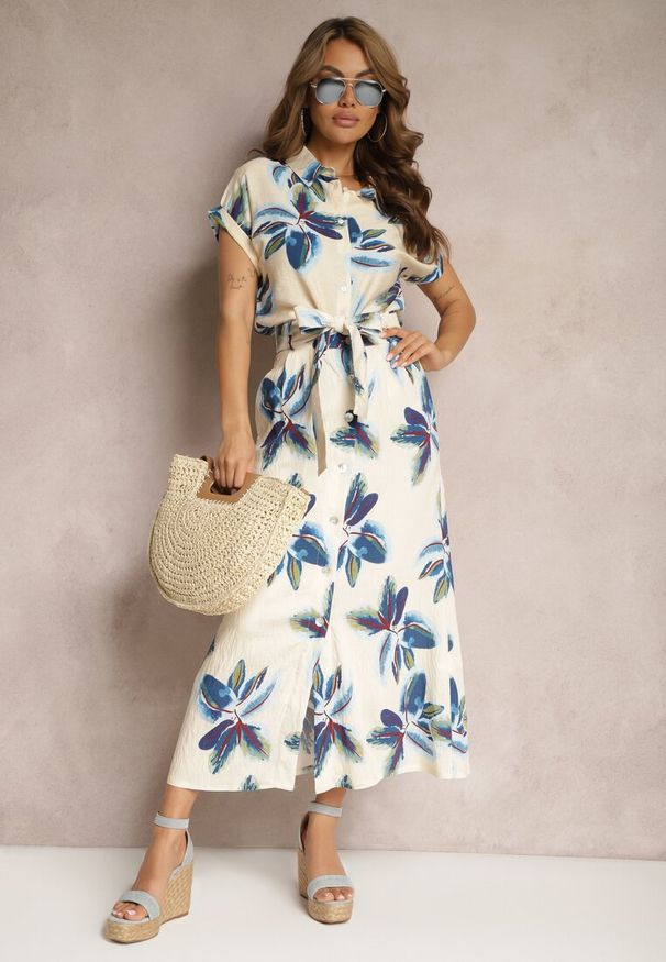 Renee - Beżowo-Granatowa Koszula z Wiskozy we Florystyczny Wzór Edevina. Okazja: na randkę. Typ kołnierza: kołnierzyk klasyczny. Kolor: beżowy. Materiał: wiskoza. Długość rękawa: krótki rękaw. Długość: krótkie. Styl: klasyczny