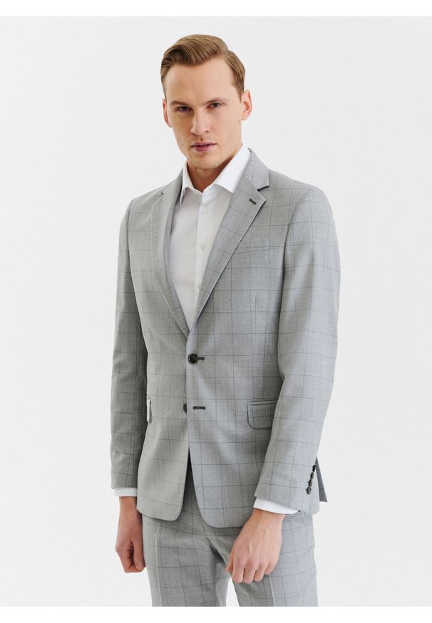 Pako Lorente - PAKO LORENTE – Szara wełniana marynarka garniturowa w kratę. Okazja: na ślub cywilny, na wesele, na komunię. Kolor: szary. Materiał: wełna. Styl: klasyczny, elegancki