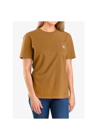 Koszulka bawełniana damska Carhartt Workwear Pocket S/S T-Shirt. Kolor: brązowy. Materiał: bawełna