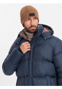 Ombre Clothing - Kurtka męska puffer z podszewką w kratę – granatowa V1 - Rozmiar: S. Kolor: niebieski. Materiał: guma, poliester, materiał, bawełna, syntetyk, nylon. Długość: długie. Wzór: aplikacja