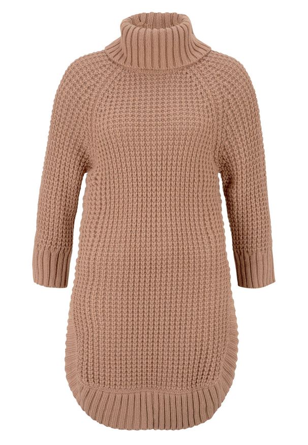 Miękki sweter dzianinowy, rękawy do łokcia bonprix wielbłądzia wełna. Typ kołnierza: golf. Kolor: brązowy. Materiał: dzianina, wełna. Długość rękawa: raglanowy rękaw