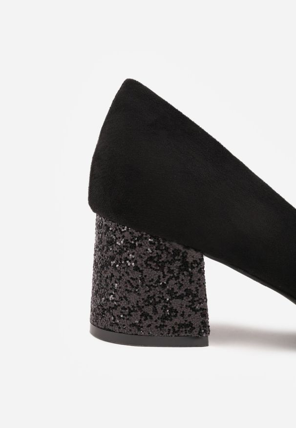 Born2be - Czarne Czółenka Vices na Brokatowym Słupku ze Skórzaną Wkładką Izamine. Okazja: na spotkanie biznesowe. Kolor: czarny. Materiał: skóra. Wzór: aplikacja. Obcas: na słupku. Styl: elegancki, biznesowy, wizytowy. Wysokość obcasa: średni