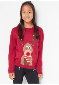 Sweter chłopięcy z bożonarodzeniowym motywem bonprix ciemnoczerwony. Kolor: czerwony. Materiał: materiał, akryl. Wzór: prążki, aplikacja. Styl: elegancki #5