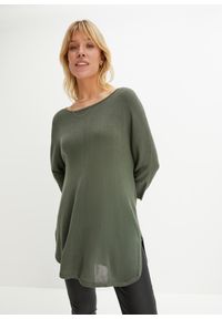 bonprix - Szeroki, długi sweter dzianinowy z rękawami 3/4. Kolor: zielony. Materiał: dzianina. Długość: długie. Styl: elegancki