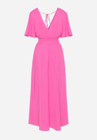 Born2be - Różowa Sukienka z Rozkloszowanymi Rękawami Gumką w Pasie i Wiązaniem na Plecach Larielle. Okazja: na co dzień, na imprezę. Typ kołnierza: dekolt w kształcie V. Kolor: różowy. Materiał: bawełna. Typ sukienki: proste. Styl: casual, elegancki #7