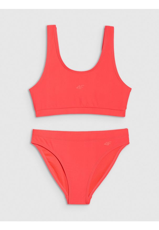 4f - 4F Kostium kąpielowy dwuczęściowy dziewczęcy - koralowy 146/152 (10-12 lat). Kolor: różowy. Materiał: elastan, włókno, guma, dzianina, materiał, syntetyk. Rodzaj stanika: wyciągane miseczki. Wzór: jednolity