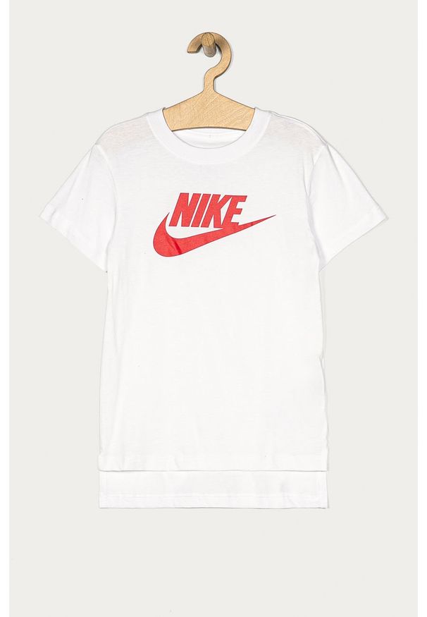 Nike Kids - T-shirt dziecięcy 122-166 cm. Okazja: na co dzień. Kolor: biały. Materiał: bawełna, dzianina. Wzór: nadruk. Styl: casual