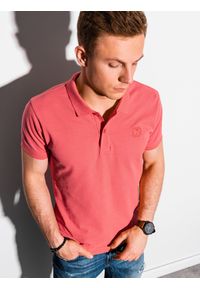 Ombre Clothing - Koszulka męska polo z dzianiny pique - różowy V7 S1374 - XXL. Typ kołnierza: polo. Kolor: różowy. Materiał: dzianina. Wzór: haft. Styl: klasyczny