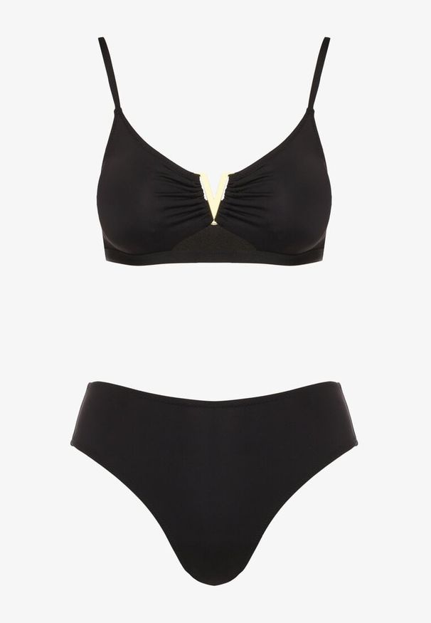 Born2be - Czarne Bikini Biustonosz z Metaliczną Ozdobą i Majtki Figi Kinirela. Kolor: czarny. Wzór: aplikacja