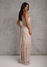 Renee - Beżowa Sukienka Wieczorowa na Ramiączkach z Ozdobnymi Frędzlami Glystarish. Kolor: beżowy. Długość rękawa: na ramiączkach. Styl: wizytowy. Długość: maxi #6