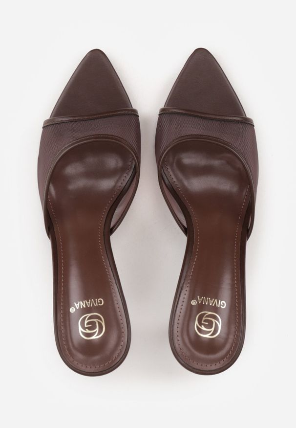 Born2be - Brązowe Klapki na Szpilce z Siateczkową Wyciętą Cholewką Laomesine. Nosek buta: otwarty. Kolor: brązowy. Materiał: skóra, materiał. Sezon: lato. Obcas: na szpilce. Styl: klasyczny. Wysokość obcasa: średni