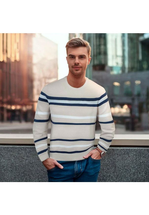 Sweter z Dzianiny Bawełnianej - w Paski - Pako Jeans - Beżowy. Kolor: wielokolorowy, beżowy, brązowy. Materiał: bawełna. Wzór: paski. Styl: klasyczny, elegancki
