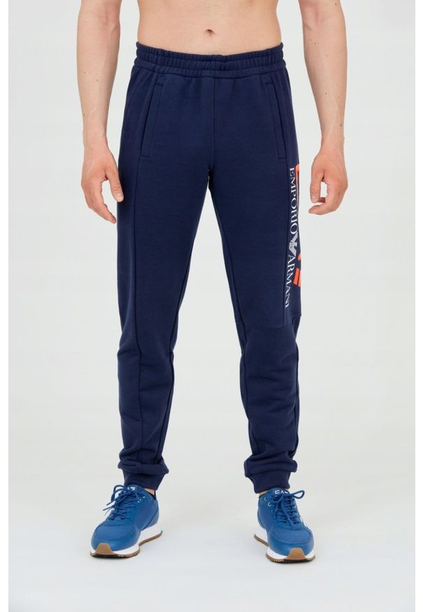 EA7 Emporio Armani - EA7 Męskie długie granatowe spodnie dresowe, Rozmiar M. Kolor: niebieski. Materiał: dresówka, bawełna