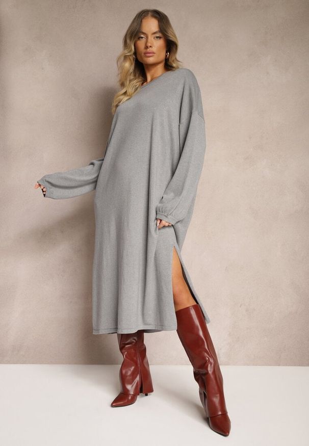 Renee - Szara Sukienka z Wiskozą o Pudełkowym Kroju z Metaliczną Nicią i Szerokimi Rękawami Arkina. Okazja: na spotkanie biznesowe. Kolor: szary. Materiał: wiskoza. Sezon: lato. Typ sukienki: proste. Styl: biznesowy, elegancki, klasyczny