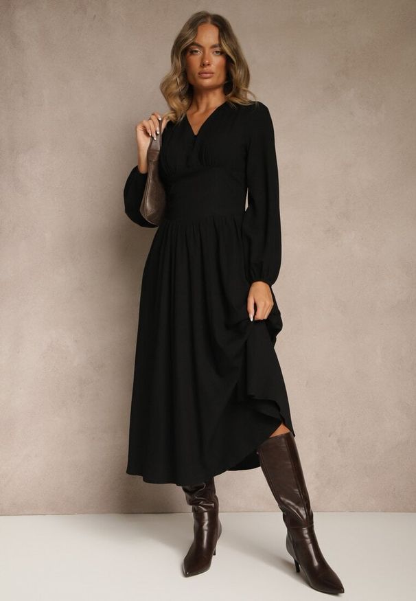 Renee - Czarna Gorsetowa Sukienka z Wiskozą z Guzikami i Bufiastymi Rękawami Ahlite. Typ kołnierza: dekolt gorset. Kolor: czarny. Materiał: wiskoza. Typ sukienki: gorsetowe. Styl: klasyczny