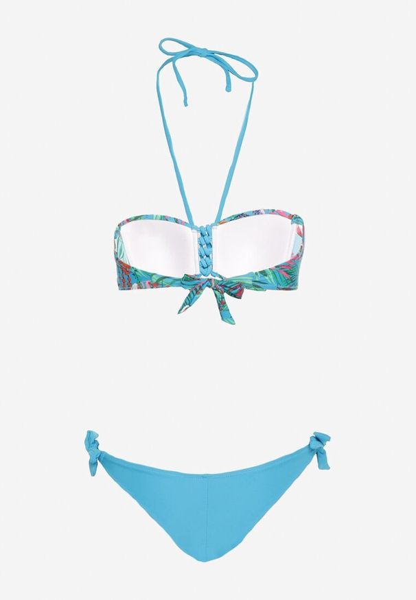 Born2be - Niebieskie Bikini Góra Wiązana na Szyi i Plecach z Ozdobną Plecionką Majtki Typu Figi z Wiązaniem po Bokach Silalaria. Kolor: niebieski