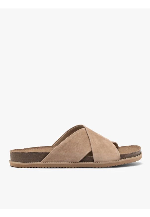 Ryłko - Beżowe klapki damskie płaskie. Kolor: beżowy. Materiał: skóra, welur. Styl: street, klasyczny