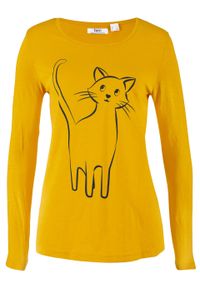 Shirt bawełniany z nadrukiem kota, długi rękaw bonprix żółty curry z nadrukiem. Kolor: żółty. Materiał: materiał, bawełna. Długość rękawa: długi rękaw. Długość: długie. Wzór: nadruk #1