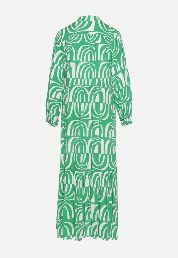 Born2be - Zielona Sukienka Długa Rozkloszowana w Geometryczny Print o Koszulowym Kroju Verdana. Kolor: zielony. Materiał: tkanina. Wzór: geometria, nadruk. Sezon: lato. Typ sukienki: koszulowe. Styl: klasyczny. Długość: maxi