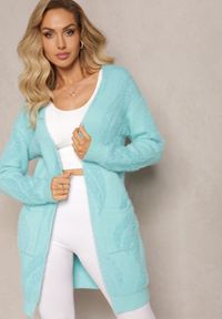 Renee - Miętowy Luźny Kardigan Niezapinany z Dłuższym Włosiem Karsta. Kolekcja: plus size. Kolor: miętowy. Materiał: dzianina. Długość: długie