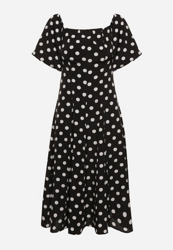 Born2be - Czarna Rozkloszowana Sukienka Vices w Grochy z Dekoltem Typu Hiszpanka Zimina. Okazja: na co dzień. Typ kołnierza: dekolt hiszpanka. Kolor: czarny. Materiał: materiał, skóra. Wzór: grochy. Typ sukienki: proste. Styl: casual, klasyczny