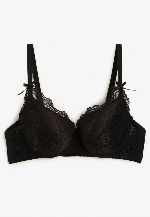 Born2be - Czarny Biustonosz Koronkowy Full Cup z Niewielką Kokardką Aelles. Kolor: czarny. Materiał: koronka. Rodzaj stanika: odpinane ramiączka. Wzór: koronka