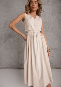 Renee - Beżowa Rozkloszowana Sukienka z Bawełną i Wiskozą Ozdobiona Paskiem Amalis. Kolor: beżowy. Materiał: wiskoza, bawełna. Wzór: aplikacja. Typ sukienki: rozkloszowane. Styl: elegancki #4