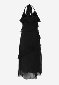 Born2be - Czarna Koktajlowa Sukienka Taliowana z Falbankami Wiązana na Szyi Demeina. Okazja: na co dzień. Typ kołnierza: kołnierz z falbankami. Kolor: czarny. Materiał: poliester. Typ sukienki: proste. Styl: wizytowy #8