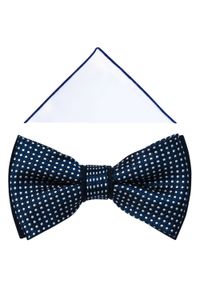 Modini - Granatowa mucha w białe kropki A277. Kolor: biały, wielokolorowy, niebieski. Materiał: poliester, tkanina. Wzór: kropki. Styl: elegancki #1