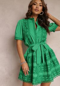 Renee - Zielona Rozkloszowana Sukienka Koronkowa z Wiązanym Paskiem Vinka. Kolor: zielony. Materiał: koronka #1