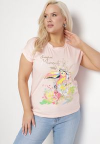 Born2be - Różowy T-shirt z Bawełny z Nadrukiem i Metalicznym Napisem Norsemi. Okazja: na co dzień. Kolor: różowy. Materiał: bawełna. Wzór: napisy, nadruk. Styl: casual #5