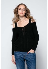 Fobya - Czarny Lekki Nietoperzowy Sweter ze Zmysłowym Dekoltem. Kolor: czarny. Materiał: akryl #1