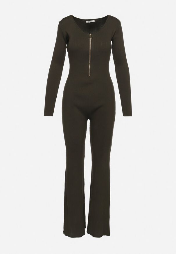 Born2be - Ciemnozielony Wiskozowy Kombinezon Bodycon z Prążkowaniem i Suwakiem Alnorema. Kolor: zielony. Materiał: wiskoza, prążkowany. Styl: elegancki