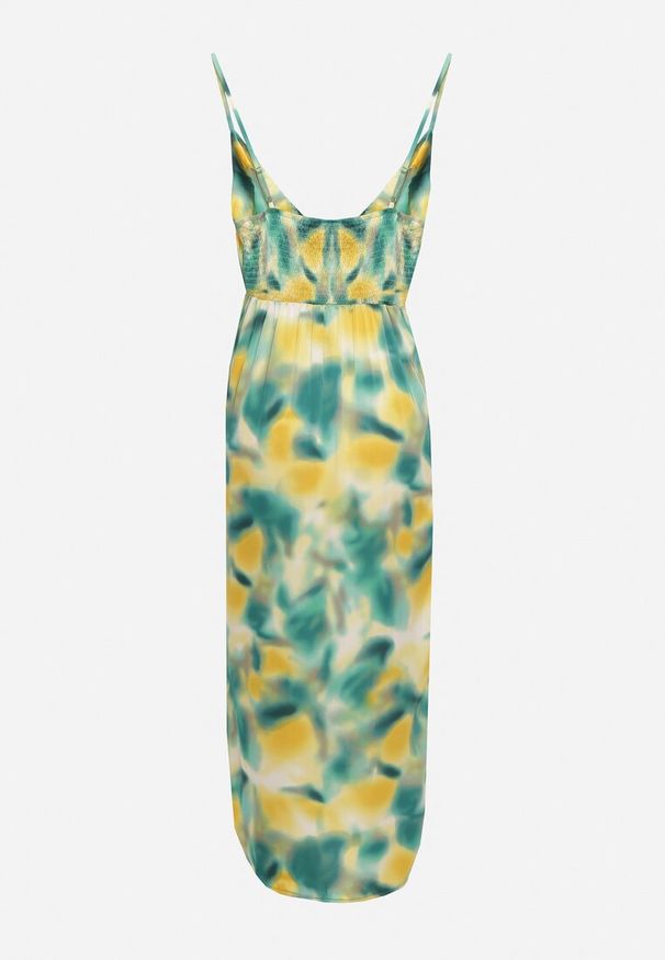 Born2be - Zielono-Żółta Sukienka Satynowa na Ramiączkach z Kopertowym Dekoltem i Ozdobnymi Marszczeniami Vikani. Okazja: na imprezę. Kolor: zielony. Materiał: satyna. Długość rękawa: na ramiączkach. Typ sukienki: kopertowe. Styl: elegancki