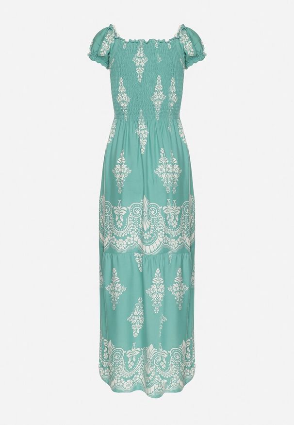 Born2be - Jasnozielona Wiskozowa Sukienka z Marszczoną Góra i Wzorem Boho Ellifae. Okazja: na co dzień. Kolor: zielony. Materiał: wiskoza. Wzór: aplikacja. Styl: boho