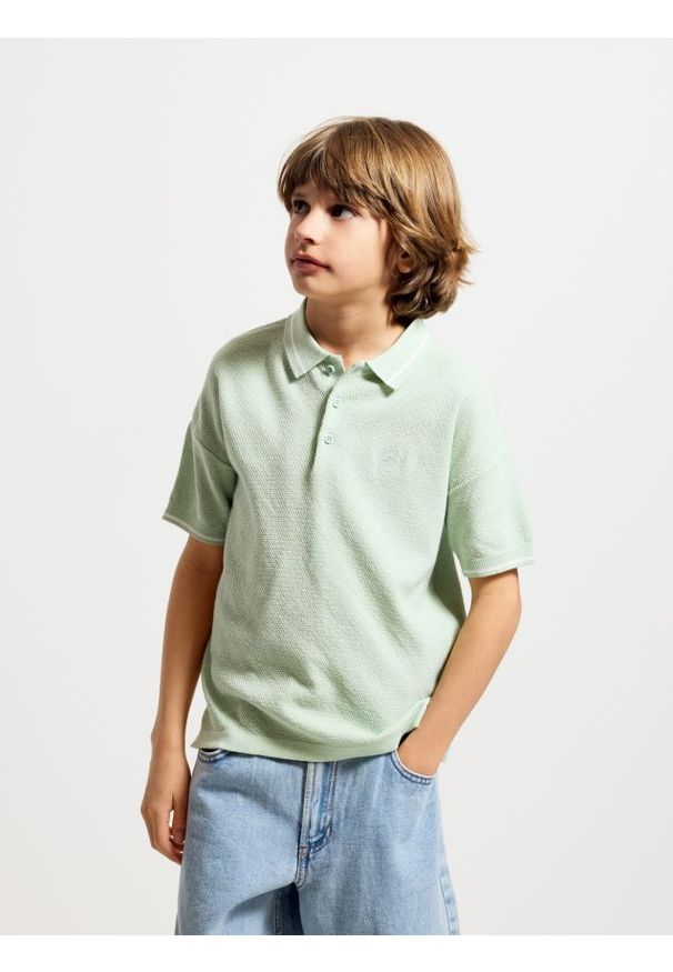 Reserved - Sweter polo - jasnozielony. Typ kołnierza: polo. Kolor: zielony. Materiał: bawełna, dzianina
