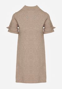 Born2be - Beżowa Sweterkowa Sukienka Trapezowa Ozdobiona Aplikacjami i Perełkami Iletusa. Okazja: na co dzień, do pracy. Kolor: beżowy. Wzór: aplikacja. Typ sukienki: trapezowe. Styl: casual, elegancki, klasyczny. Długość: midi #5
