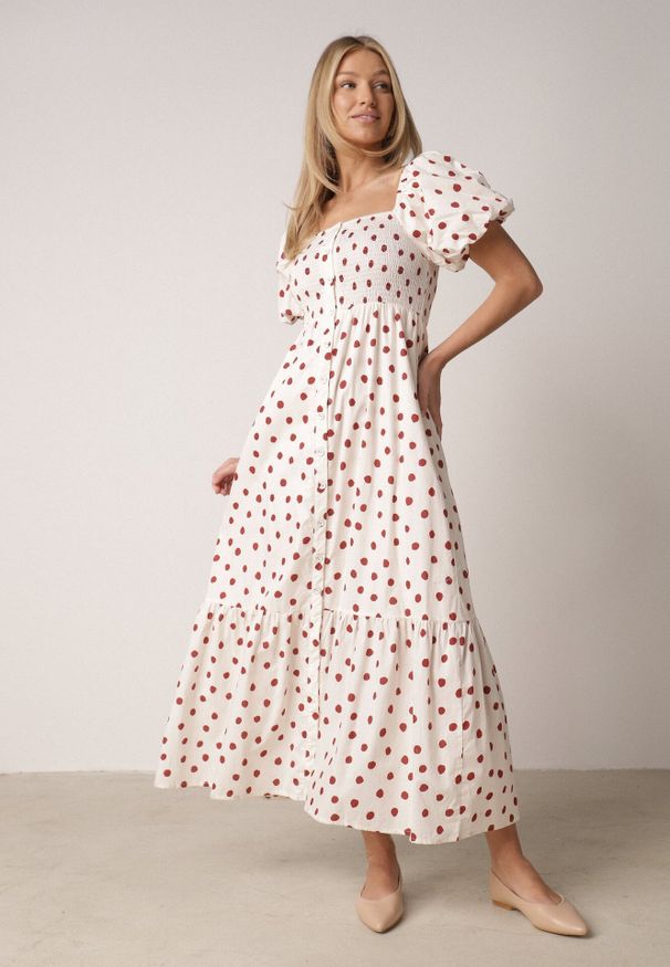 Born2be - Beżowa Sukienka Bawełniana o Rozkloszowanym Kroju z Bufiastymi Rękawami w Groszki Lorairian. Kolor: beżowy. Materiał: bawełna. Wzór: grochy. Styl: klasyczny