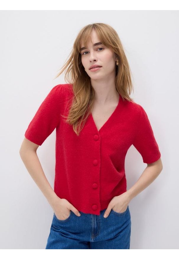 Reserved - Kardigan z wełną - czerwony. Kolor: czerwony. Materiał: wełna