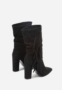 Renee - Czarne Botki Kowbojki na Słupku z Frędzlami Reisetia. Kolor: czarny. Materiał: jeans. Obcas: na słupku. Styl: elegancki #2