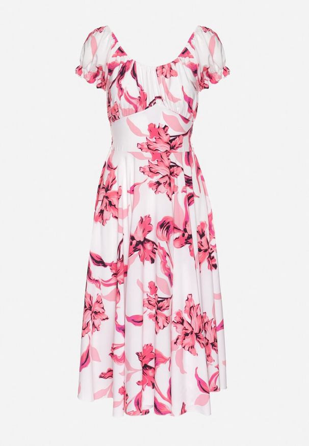 Born2be - Jasnobeżowa Sukienka w Kwiaty z Dekoltem Łódką z Bawełną o Rozkloszowanym Kroju Annilva. Okazja: na co dzień, na imprezę, na spacer. Typ kołnierza: dekolt w łódkę. Kolor: beżowy. Materiał: bawełna. Długość rękawa: krótki rękaw. Wzór: kwiaty. Sezon: wiosna, lato. Styl: casual, elegancki, klasyczny