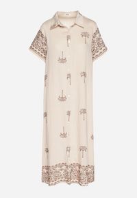 Born2be - Beżowa Pudełkowa Sukienka z Wiskozą o Koszulowym Kroju Zdobiona Haftem Sanori. Okazja: na co dzień. Kolor: beżowy. Materiał: wiskoza. Długość rękawa: krótki rękaw. Wzór: aplikacja, haft. Typ sukienki: koszulowe. Styl: casual, klasyczny #2