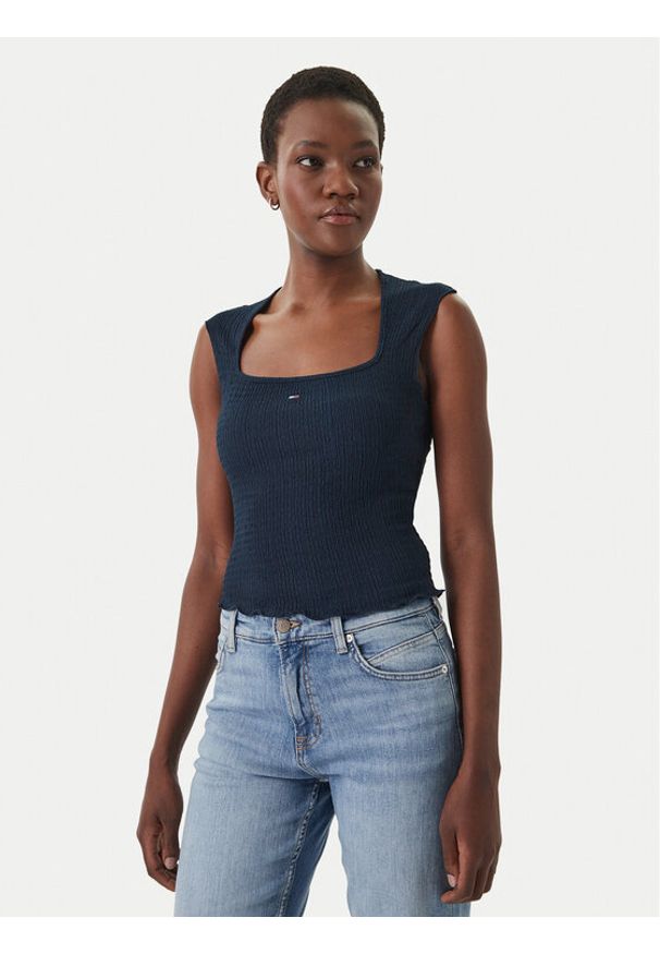 Tommy Jeans Top Smock Seersucker DW0DW22220 Granatowy Slim Fit. Kolor: niebieski. Materiał: syntetyk