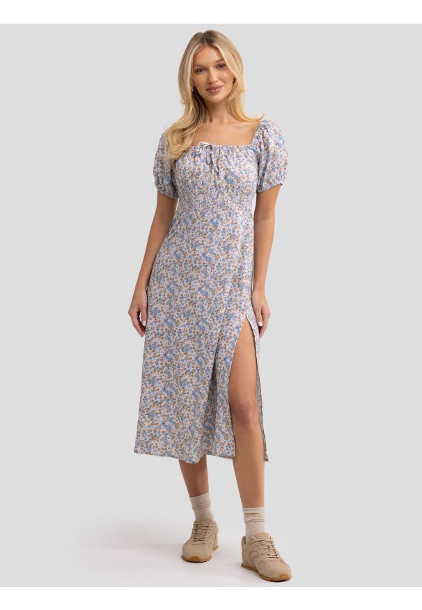 Big-Star - Sukienka damska midi z wiskozy z motywem kwiatowym niebieska Sotiki 000. Okazja: na spacer. Kolor: wielokolorowy. Materiał: wiskoza. Długość rękawa: krótki rękaw. Wzór: kwiaty. Sezon: lato. Styl: vintage, klasyczny. Długość: midi