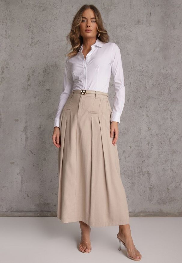 Renee - Beżowa Rozkloszowana Spódnica z Wiskozy Zdobiona Plisami i Paskiem Durklea. Okazja: na co dzień. Kolor: beżowy. Materiał: wiskoza. Wzór: aplikacja. Styl: casual, elegancki